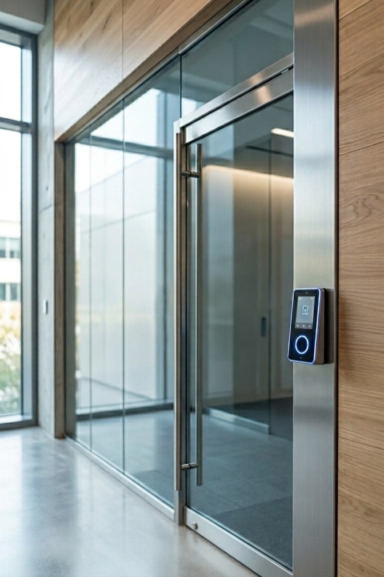 Cửa kính tự động có đầu đọc kiểm soát ra vào gắn bên cạnh