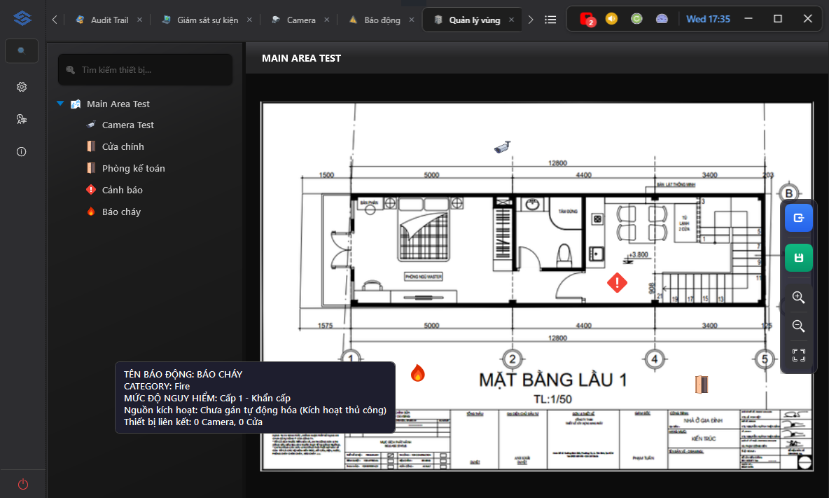 Màn hình quản lý vùng trên mặt bằng của S-Safe